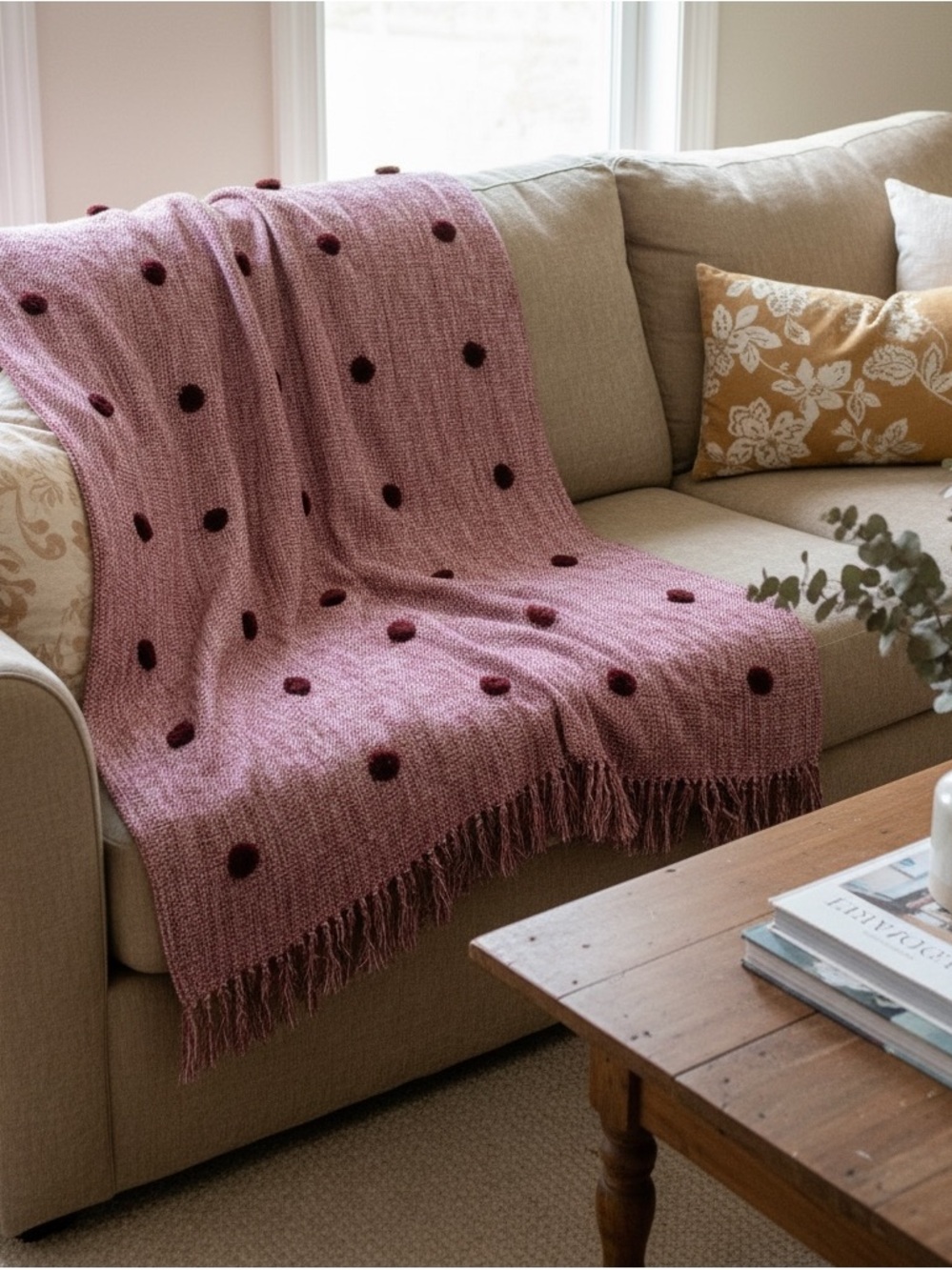 Anthropologie polka dot Pom Throw blanket 60”x70” Deep Red